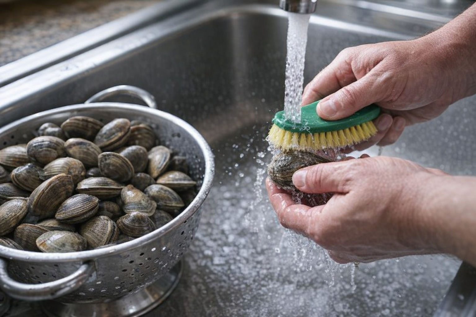 A close-up shot of raw clams being scrubbed under running water in a stainless steel sink, a colander nearby